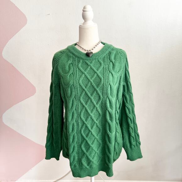 Green Cable Knit Sweater Chunky Cozy Preppy Vintage Academia Large - Picture 1 of 6